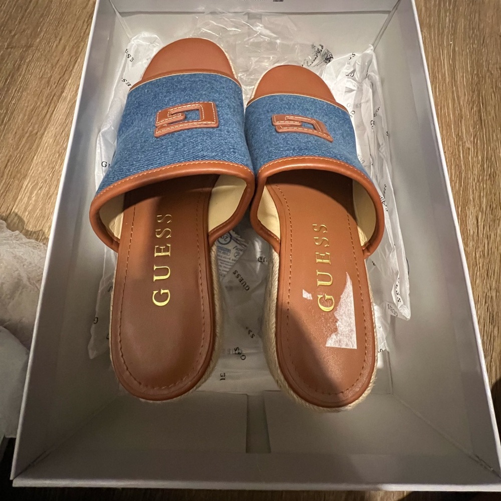 Guess Blue and Brown Wedge Sandals